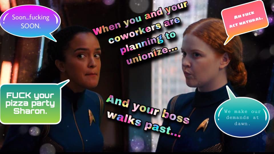 The meme is a screenshot of a scene from Star Trek: Discovery, with a character (Sarek) saying "Fascinating" in a calm, stoic tone. The meme is captioned "When you and your coworkers are trying to unionize, but your boss is just...".